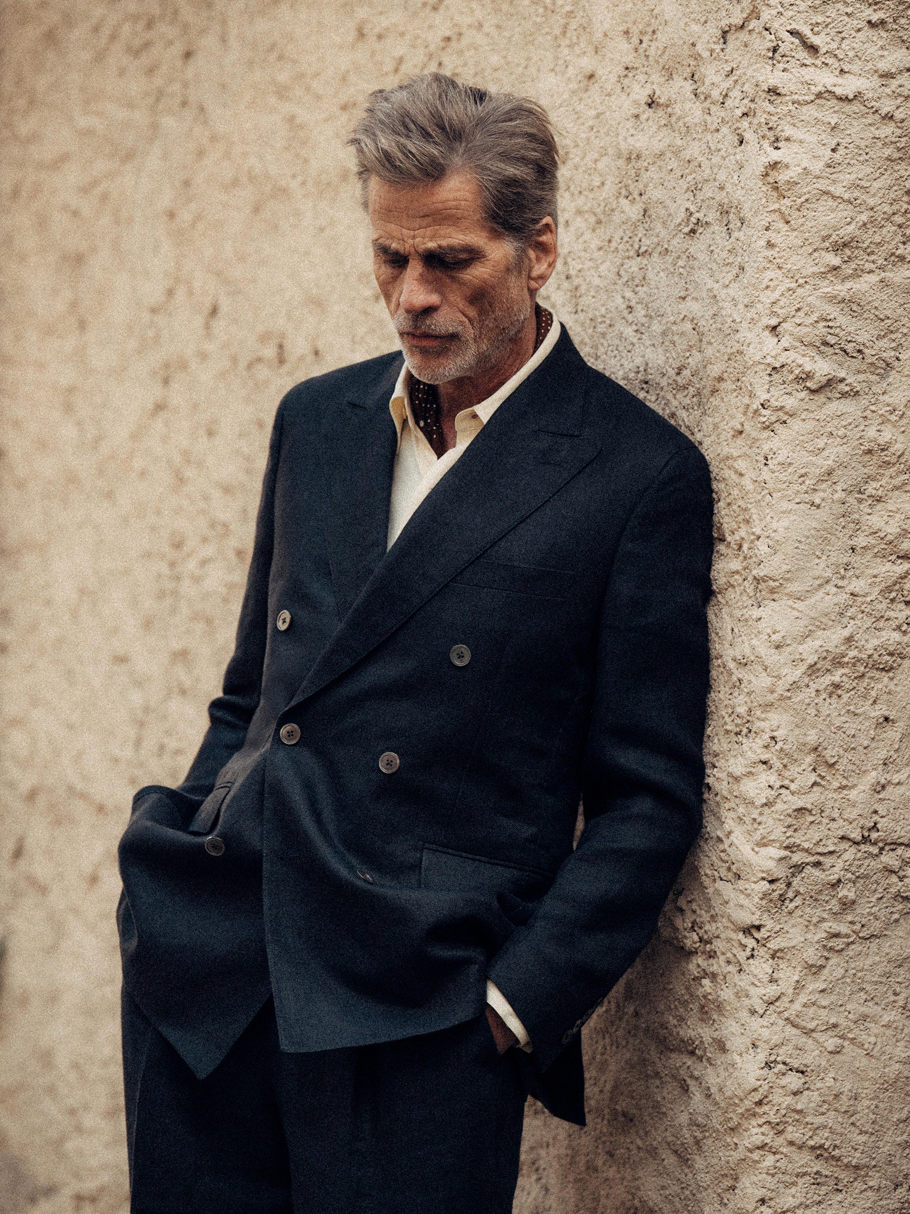 Black Charcoal Linen Herringbone Hollywood Double Breasted Jacket