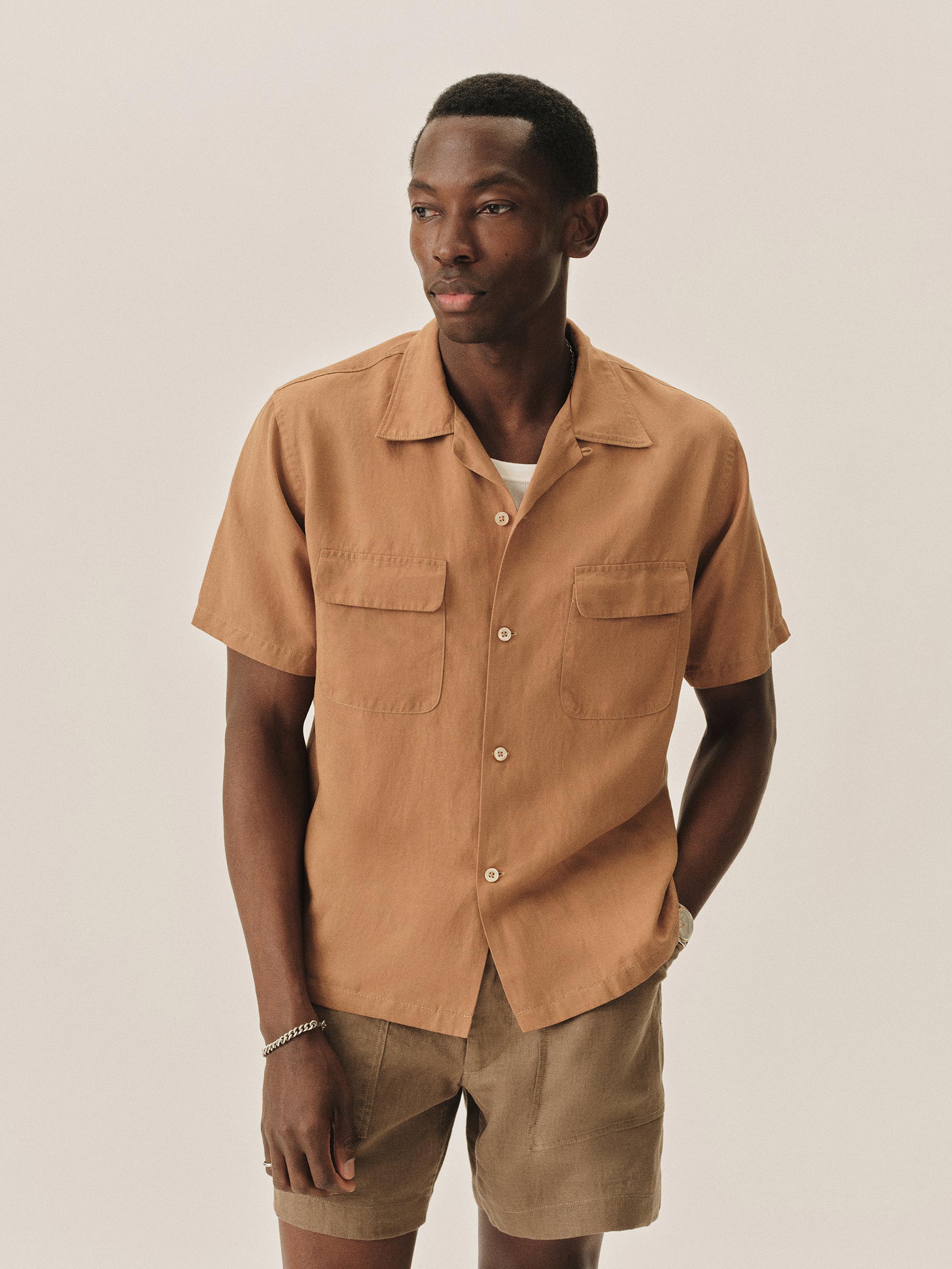 Alternative view of Cinnamon Draped Linen Deuce Coupe Camp Shirt