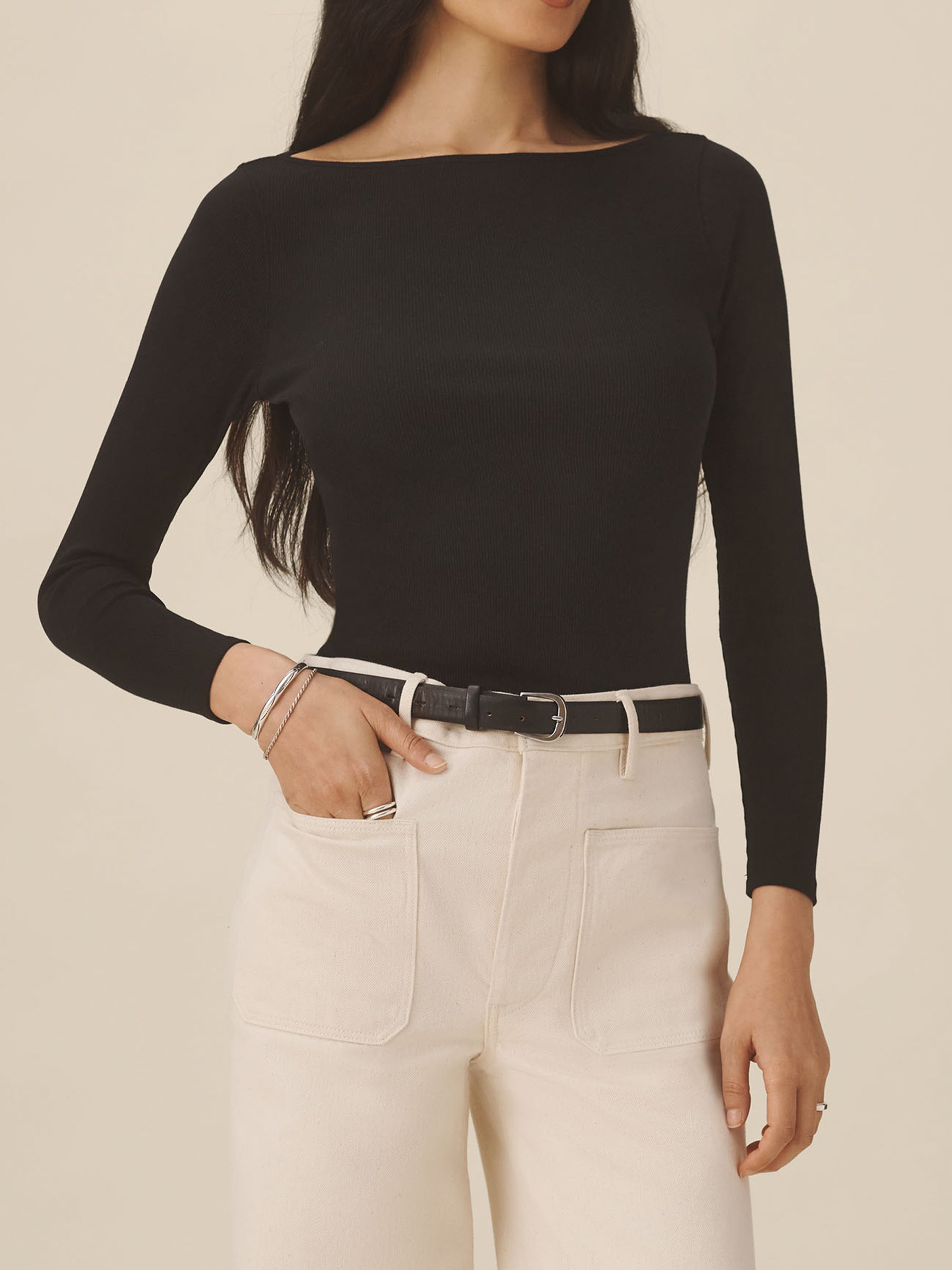 Alternative view of Black Surplus Rib Bateau Neck L/S