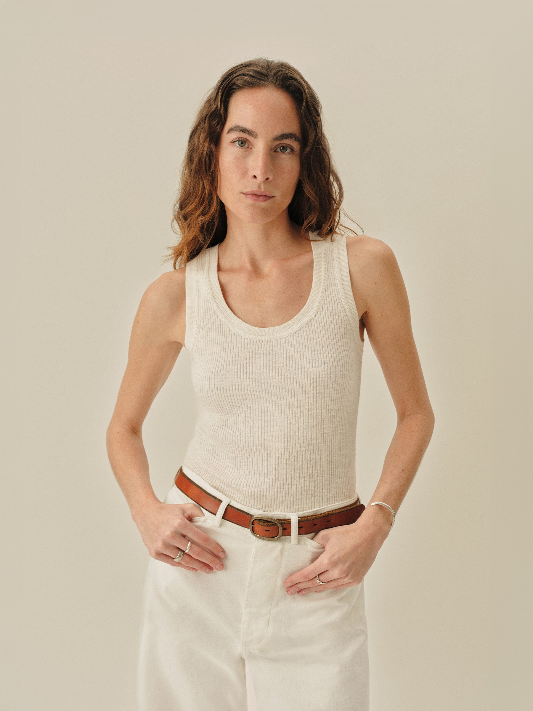 Soft White Coastal Linen Rib Scoop Tank