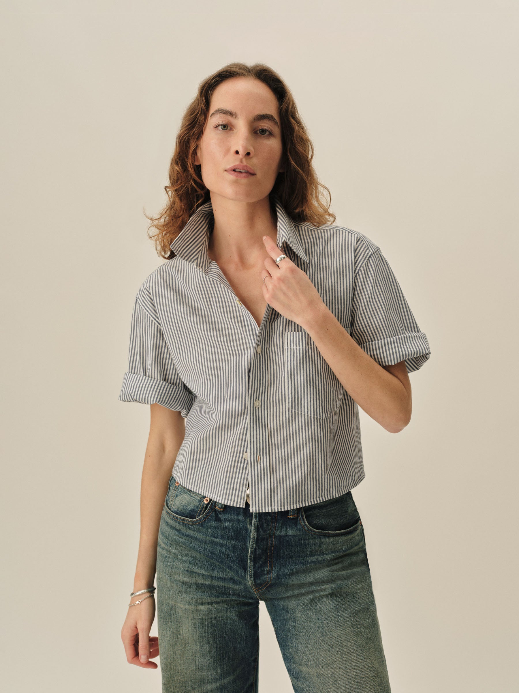 Alternative view of Hampton Stripe Blue / White Mainstay Cotton Cut Off Short Sleeve Button Down