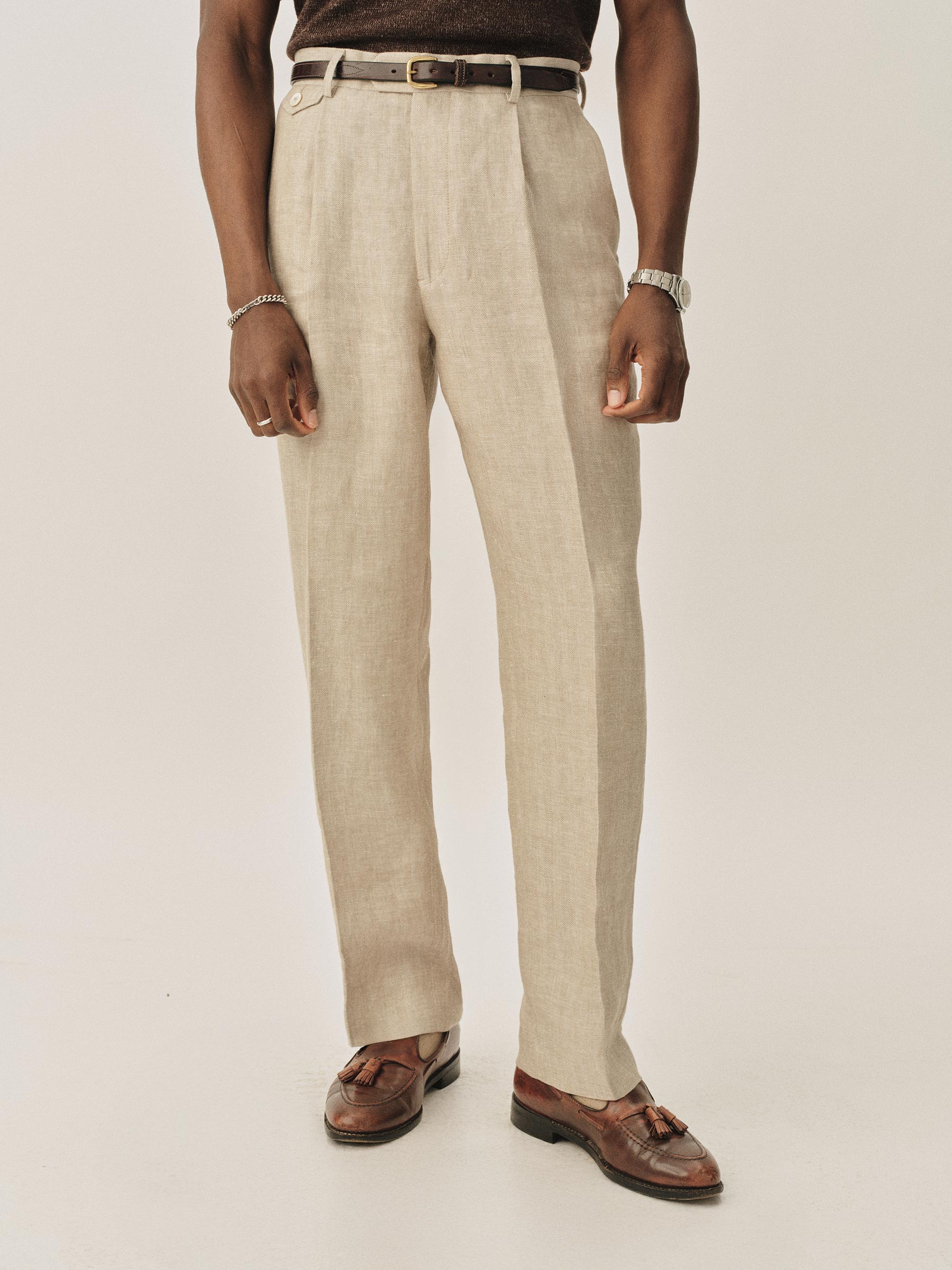 Alternative view of Natural Linen Herringbone Hollywood Pleated Trouser