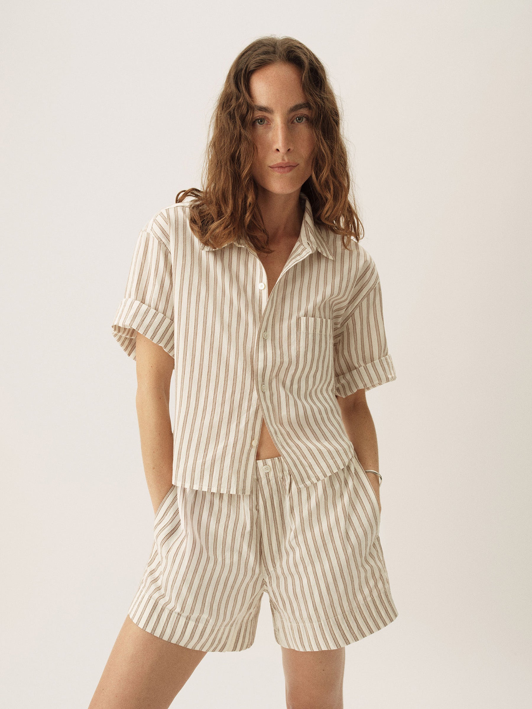 Natural / Brown Reef Stripe Mainstay Cotton Cut Off Short Sleeve Button Down