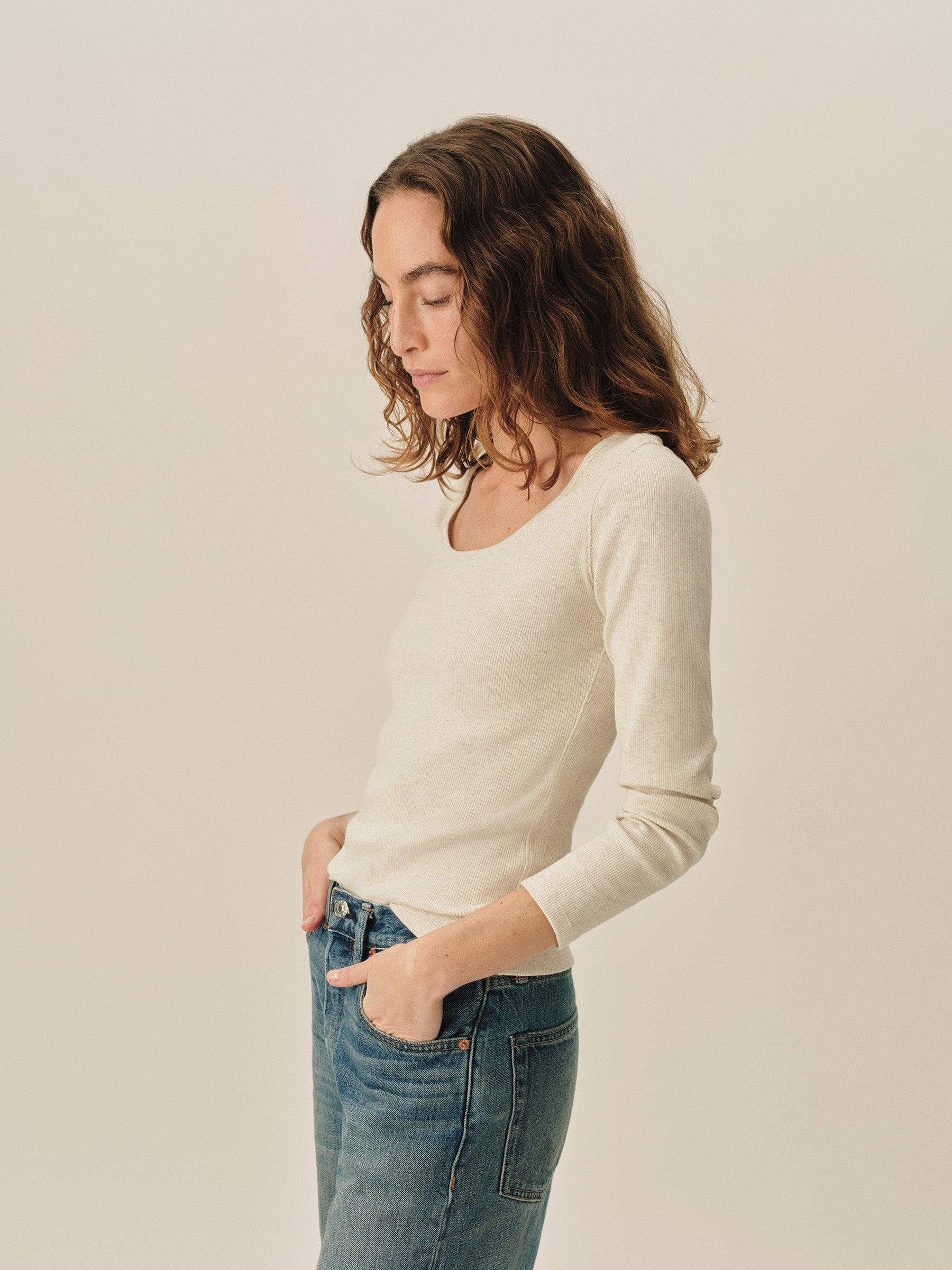 Alternative view of Oatmeal Heather Surplus Rib Scoop Neck Long Sleeve