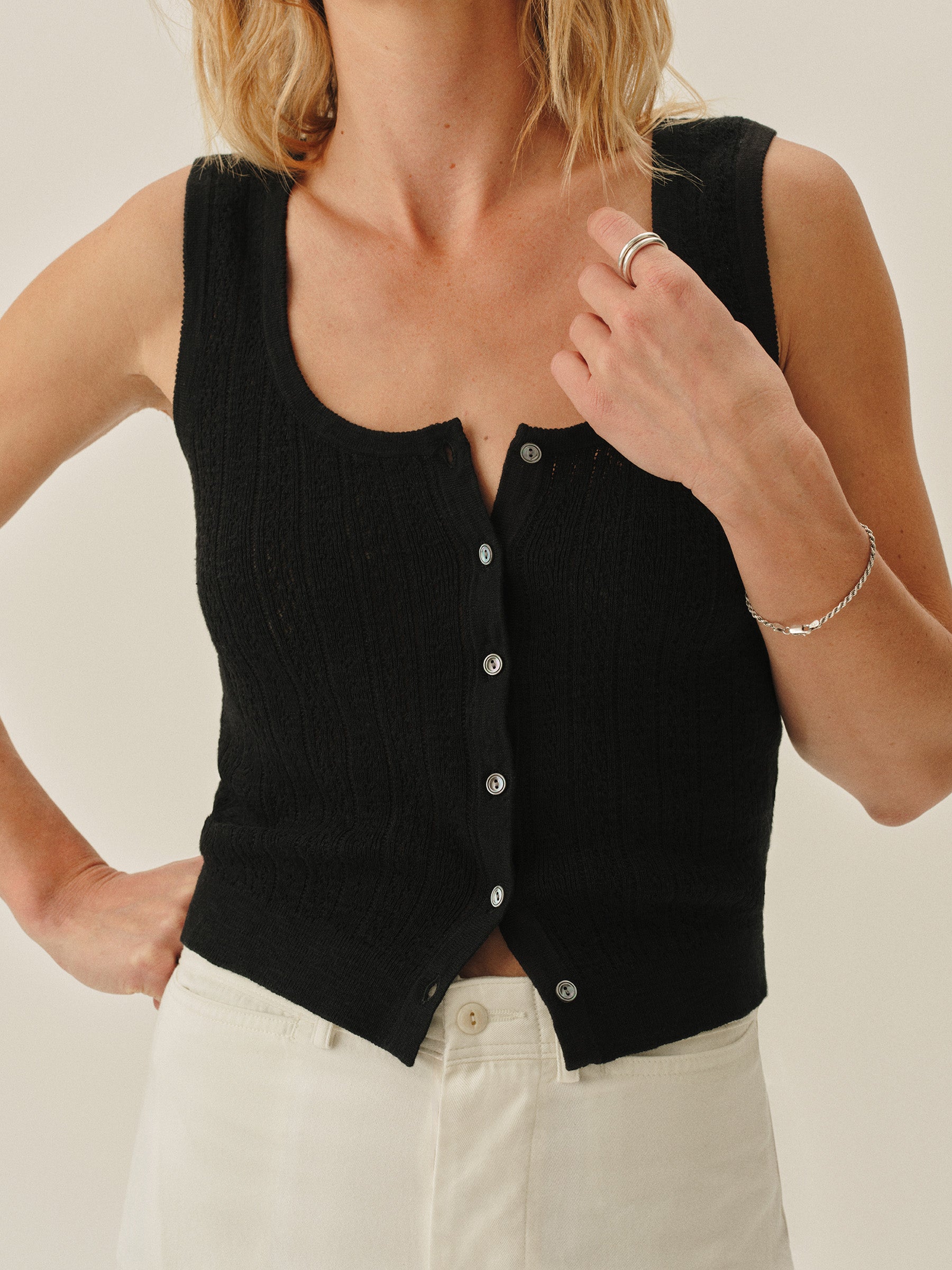 Alternative view of Black Coastal Linen Pointelle Button Down Tank