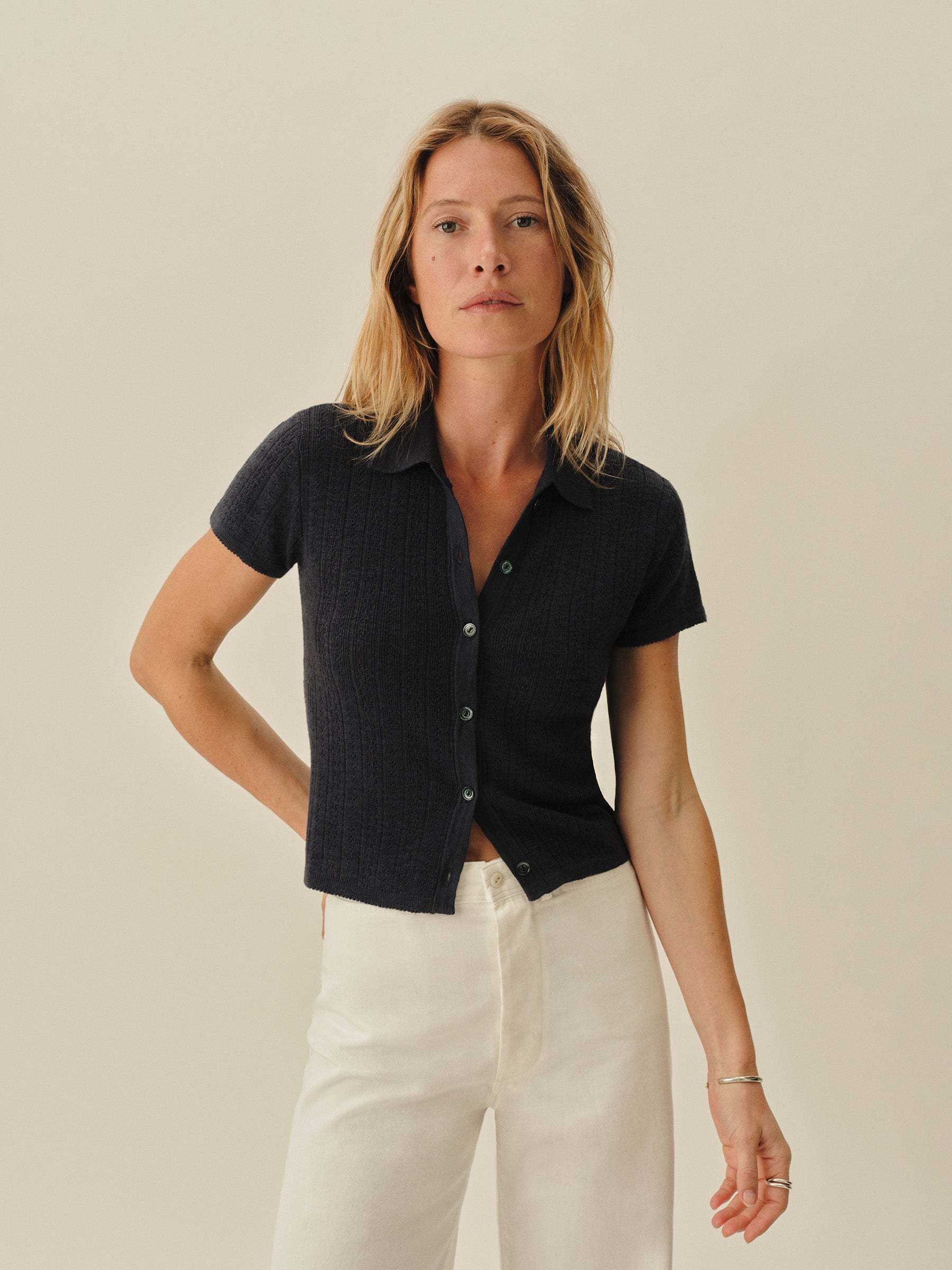 Alternative view of Dark Navy Coastal Linen Pointelle Polo
