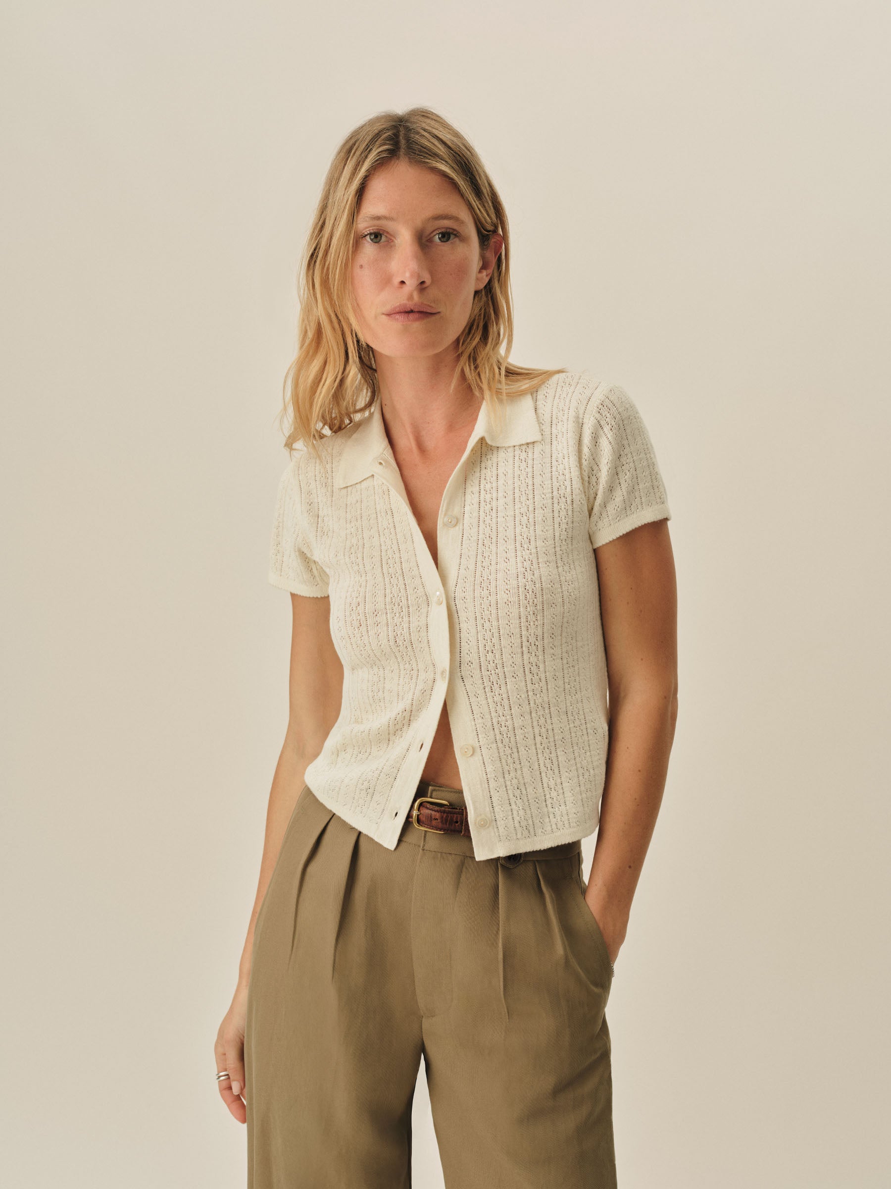 Alternative view of Soft White Coastal Linen Pointelle Polo