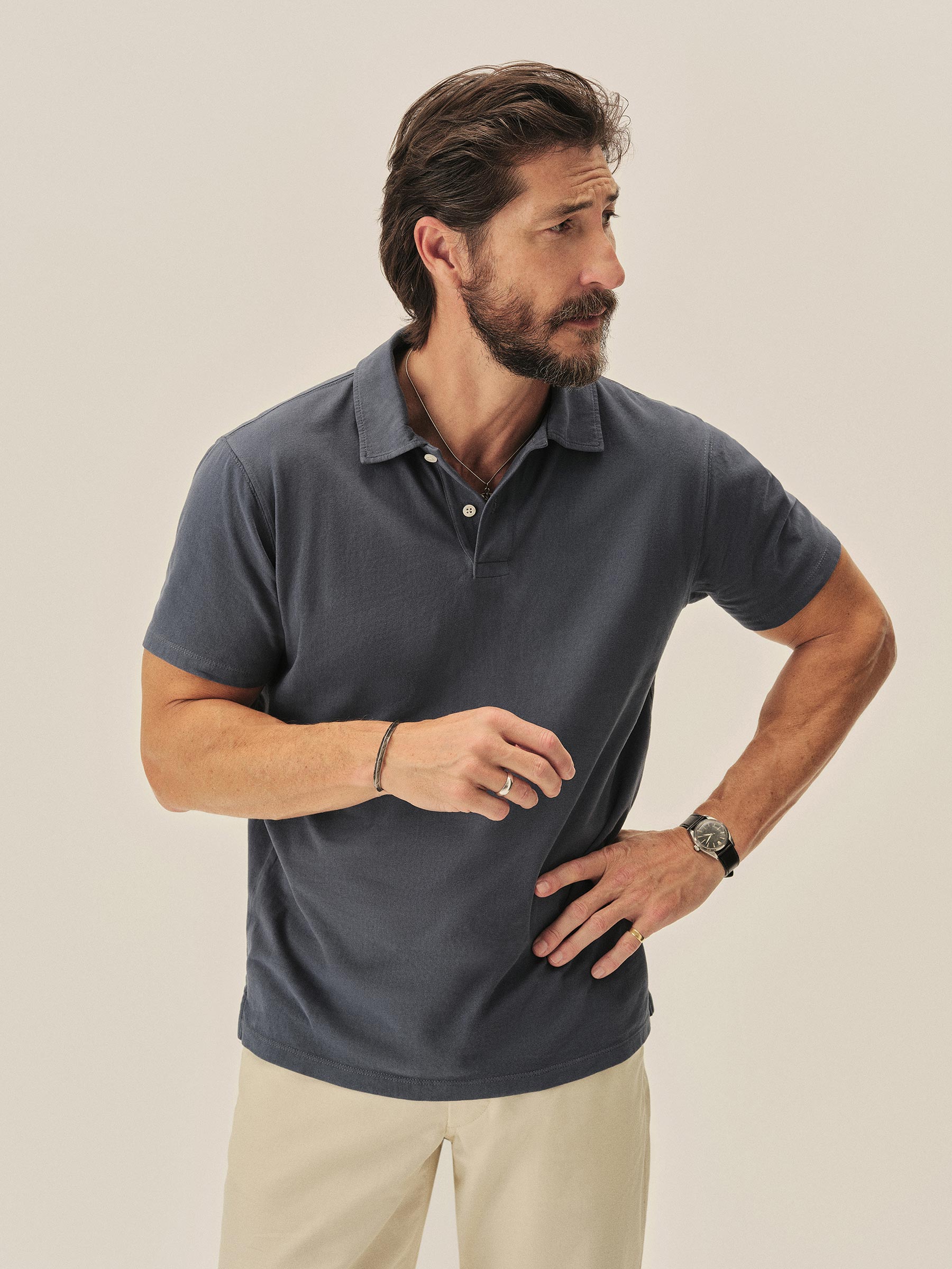Alternative view of Worn Navy Venice Wash Sueded Cotton Polo